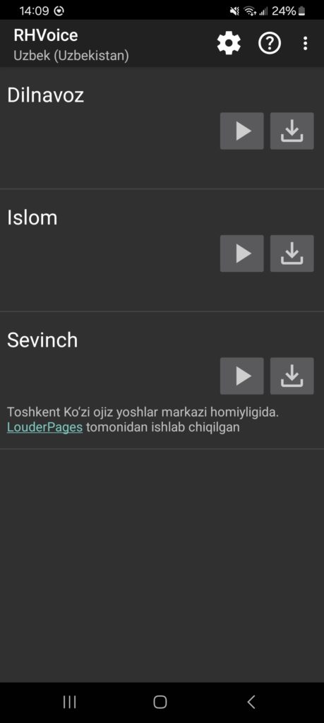 RHVoice Android App showing three Uzbek voices available for download