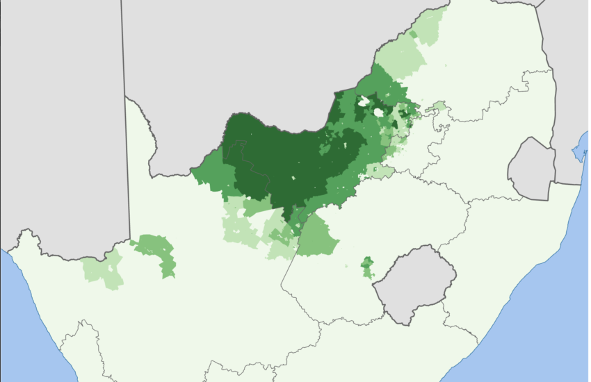 Map showing proportion of people who speak Tswana at home