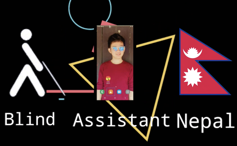 Screenshot of YouTube with text "Blind Assistant Nepal" a logo showing a cane user, an image of a young blind man, and the Nepal flag