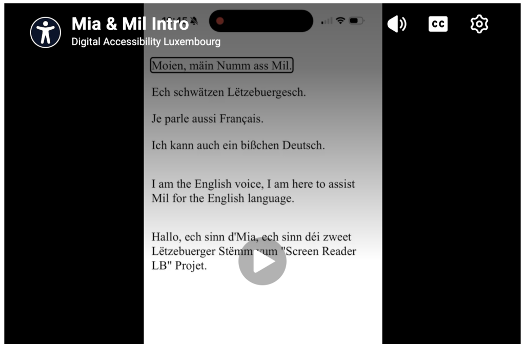 Screenshot of an iPhone displaying some Luxembourgish text, with the caption to a video: Mia and Mil Intro